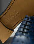 Antonio - Blue Ostrich Oxford Shoe. Upper: Exquisite blue ostrich leather. Lining: Natural calf leather. Sole: Smooth hand-finished leather sole by Presot. Matching belt also available.- Sartoria Dei Duchi - Atri