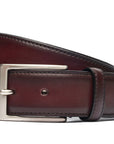 Handcrafted Antiqued Belt - Bordeaux. Tumbled and dyed calf leather. A 120cm waist measurement corresponds to a size 60 pant. Total belt length (including buckle) is 135cm. 3.5cm metal buckle with a brushed finish. The belt is adjustable with a screw on the back and is very easy to cut.- Sartoria Dei Duchi - Atri