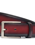 Handcrafted Antiqued Belt - Burgundy. Tumbled and dyed calf leather. A 120cm waist measurement corresponds to a size 60 pant. Total belt length (including buckle) is 135cm. 3.5cm metal buckle with a brushed finish. The belt is adjustable with a screw on the back and is very easy to cut.- Sartoria Dei Duchi - Atri