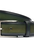 Handcrafted Antiqued Belt - Olive. Tumbled and dyed calf leather. A 120cm waist measurement corresponds to a size 60 pant. Total belt length (including buckle) is 135cm. 3.5cm metal buckle with a brushed finish. The belt is adjustable with a screw on the back and is very easy to cut.- Sartoria Dei Duchi - Atri