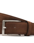 Handcrafted Suede Belt - Cinnamon. Suede Calf. Water-repellent suede calfskin. A 120cm waist measurement corresponds to a size 60 pant. Total belt length (including buckle) is 135cm. 3.5cm metal buckle with a brushed finish. The belt is adjustable with a screw on the back and is very easy to cut.- Sartoria Dei Duchi - Atri