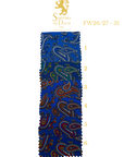 Blue fabric swatch with paisley pattern and Sartoria Dei Duchi - Atri logo on a white background