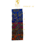 Fabric swatch with intricate paisley pattern in blue, red, and gold on a white background, featuring the Sartoria dei Duchi logo and text.