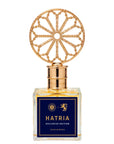 Hatria - Parfum. Perfume bottle with decorative gold cap on a white background.- Dei Duchi