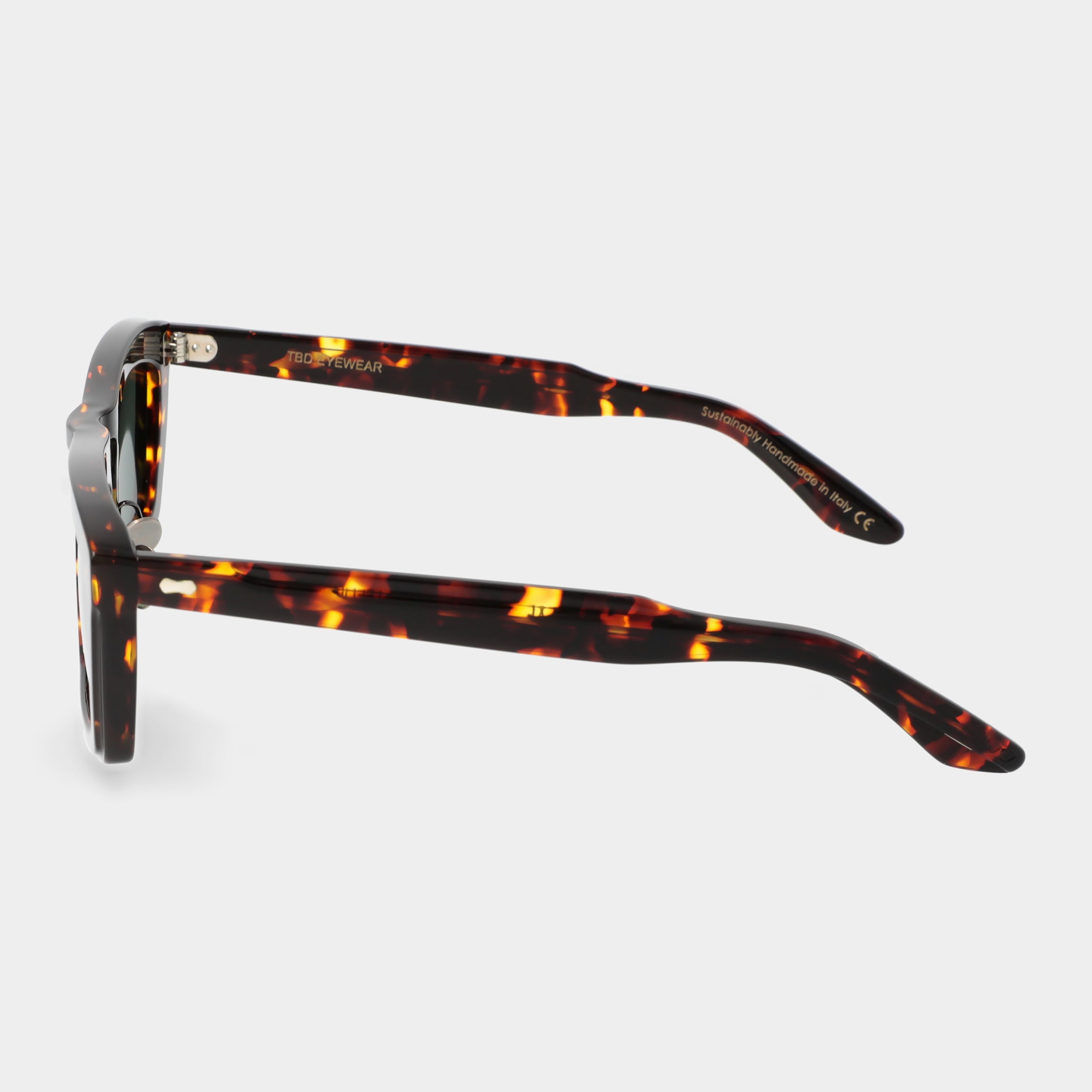 Sunglasses with tortoiseshell frame and green lenses on a light gray background. - De Duchi