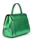 Metallic Green leather handbag with a silver buckle on a white background. - DEI DUCHI ( AMALTEA)