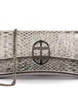 Front view of a silvery snake textured leather bag with a burnished metal 'AMALTEA' metal buckle logo, and a silver chain strap, on a white background. - DEI DUCHI (AMALTEA)
