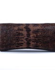 Brown embossed python skin clutch bag with gold chain and buckle/emblem on a white background. - DEI DUCHI (AMALTEA)