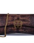 Brown embossed python skin clutch bag with gold chain and buckle/emblem on a white background. - DEI DUCHI (AMALTEA)
