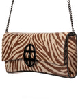 Zebra embossed pinkish leather clutch bag/wallet with a burnished metallic emblem buckle on a white background. - DEI DUCHI (AMALTEA)