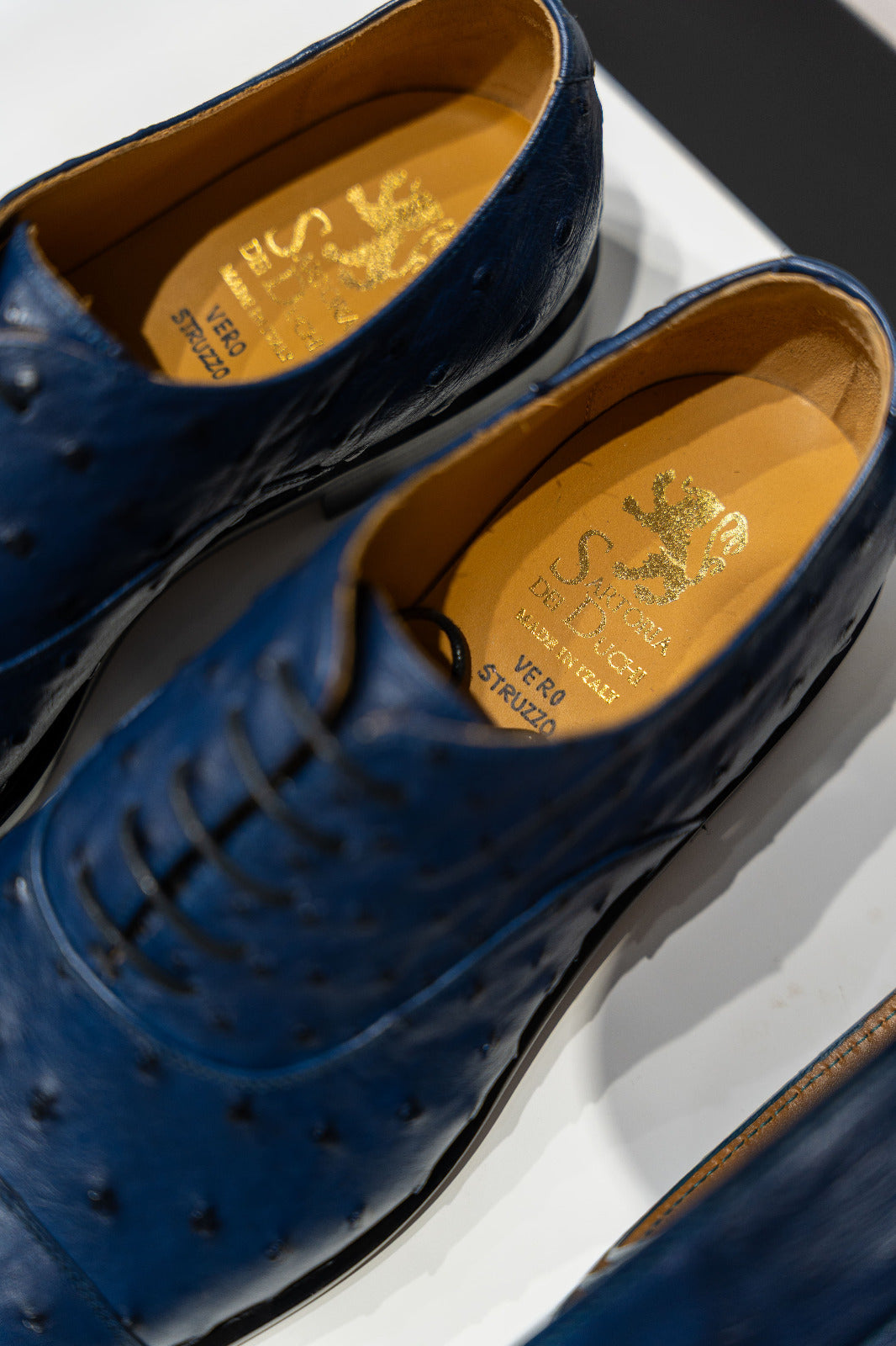 Close-up of blue dress shoes with gold insole text on a white background. - Sartoria Dei Duchi-Atri