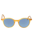 Sunglasses with yellow frame and blue lenses on a white background. - DEI DUCHI
