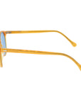 Sunglasses with yellow frame and blue lenses on a white background. - DEI DUCHI