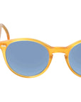 Sunglasses with yellow frame and blue lenses on a white background. - DEI DUCHI