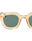 Gold-framed sunglasses with green lenses on a light gray background - Dei Duchi
