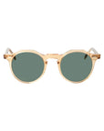 Gold-framed sunglasses with green lenses on a light gray background. - DEI DUCHI