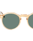 Gold-framed sunglasses with green lenses on a light gray background. - DEI DUCHI