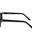 Round sunglasses with black frames and blue lenses on a light gray background. -DEI DUCHI