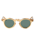Gold-framed round sunglasses with green lenses on a light gray background. - DEI DUCHI