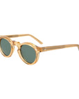 Gold-framed sunglasses with green lenses on a light gray background. - DEI DUCHI