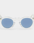 Clear frame sunglasses with blue lenses on a white background. - DEI DUCHI