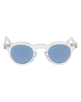 Clear frame sunglasses with blue lenses on a white background. - DEI DUCHI