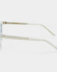Clear frame sunglasses with blue lenses on a white background. - DEI DUCHI