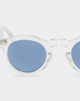 Clear frame sunglasses with blue lenses on a white background. - DEI DUCHI