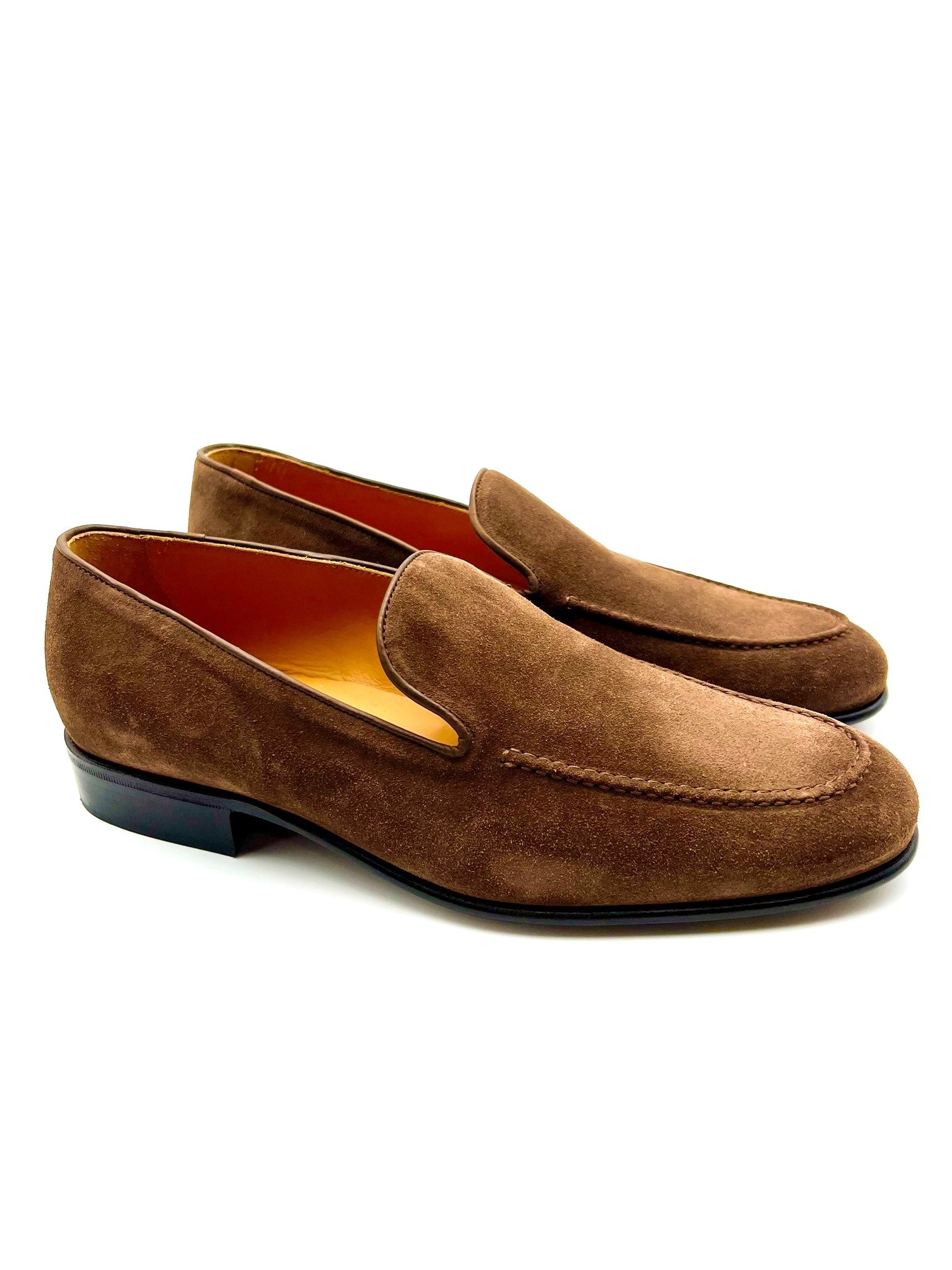 Loafers 100% MADE IN ITALY, in soft suede calfskin,  bottom with lightweight leather sole, BLAKE stitching  and leather bombé bottom. The color is coffee brown,  easy to match..  Process: blake   Leather: suede calfskin     Colour: brown coffee    Lining: calf leather   Bottom: bumble leather   Insole: leather Handcrafted shoes, made in Italy with genuine 100%  Italian leather - Sartoria Dei Duchi-Atri