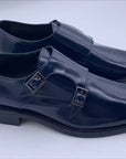 Monk Strap Shoe - Dark Blue Double buckle and smooth upper in polished abrasive calfskin- Bottom with BLAKE stitched light leather sole / Blake workmanship / Shiny calf leather / Black calfskin lining / Rounded shape / Lightweight leather bottom with non-slip insert sewn to BLAKE / Leather insole | Sartoria Dei Duchi - Atri