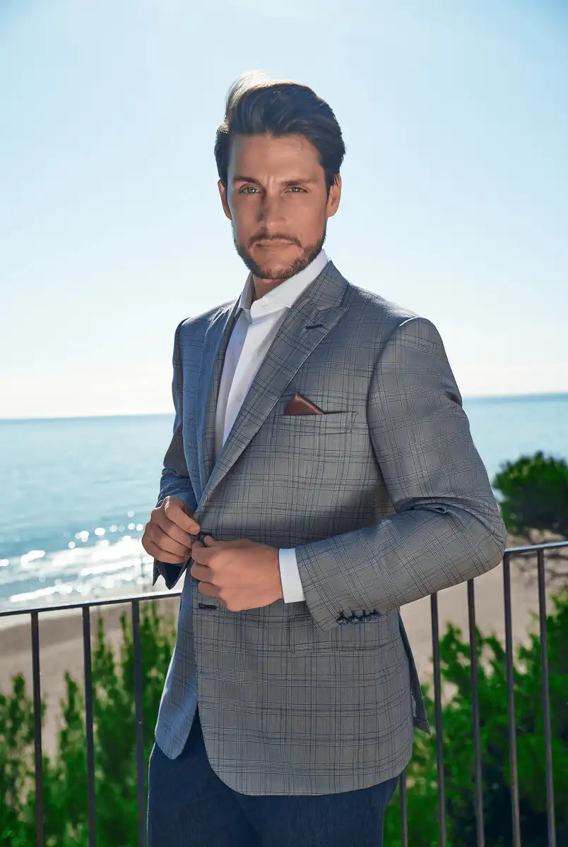 Made with Loro Piana textile 95% Wool Super 170’s and 5% Silk, 210gr/ml, “Royal Wish”.This is a single-breasted two-button  jacket with peak lapel and two slits on the back.Buttonhole, pockets,garments and all finishes are handmade by our Italian tailors.This Italian tailor jacket is snug, yet extremely  comfortable and perfect for business occasions.Trousers made  with Loro Piana textile, 48% Cotton, 44% Wool and 8% Silk, 200 gr/ml.The slim trousers have no pleats.|Sartoria Dei Duchi-Atri