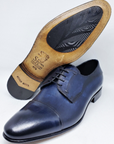 Classic Derby Shoe / Long Shape Blue Smart/casual style/High instep Flexible structure, suitable for wider feet / BLUE, HAND SHADED / leather crust colored and hand-aged calfskin / black calf lining / Elongated shape / Lightweight leather bottom with anti-slip insert sewn to BLAKE / Leather insole | Sartoria Dei Duchi - Atri
