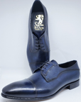 Classic Derby Shoe / Long Shape Blue Smart/casual style/High instep Flexible structure, suitable for wider feet / BLUE, HAND SHADED / leather crust colored and hand-aged calfskin / black calf lining / Elongated shape / Lightweight leather bottom with anti-slip insert sewn to BLAKE / Leather insole | Sartoria Dei Duchi - Atri