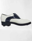 Classic Golf shoe - Handmade Classic Golf shoes, in white and dark blue colors, 100% made in Italy with genuine leather and with soft spikes golf outsole, soft and flexible extra light wedge sole with leather mid-sole. BLAKE processing. Regular shape suitable for a large audience. Ideal to wear during your golf matches | Sartoria Dei Duchi-Atri
