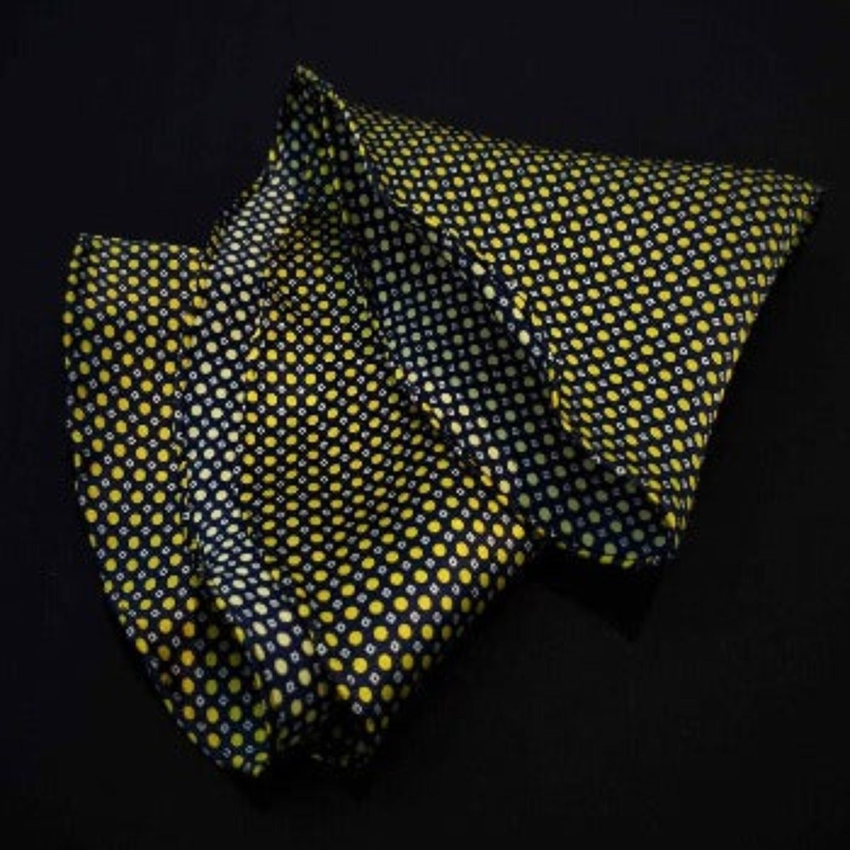 Rounded Pocket Square-100% Pure Silk-Dark base with yellow circles-Fazzoletto da Taschino "Pineto"|Sartoria Dei Duchi-Atri