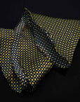 Rounded Pocket Square-100% Pure Silk-Dark base with yellow circles-Fazzoletto da Taschino "Pineto"|Sartoria Dei Duchi-Atri