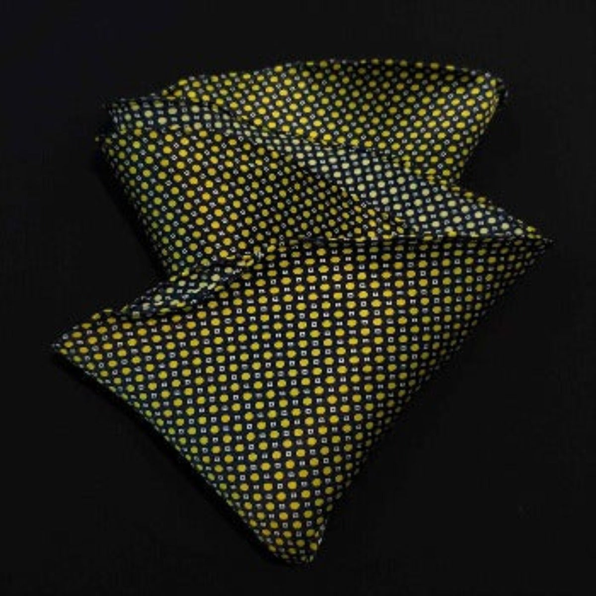 Rounded Pocket Square-100% Pure Silk-Dark base with yellow circles-Fazzoletto da Taschino "Pineto"|Sartoria Dei Duchi-Atri
