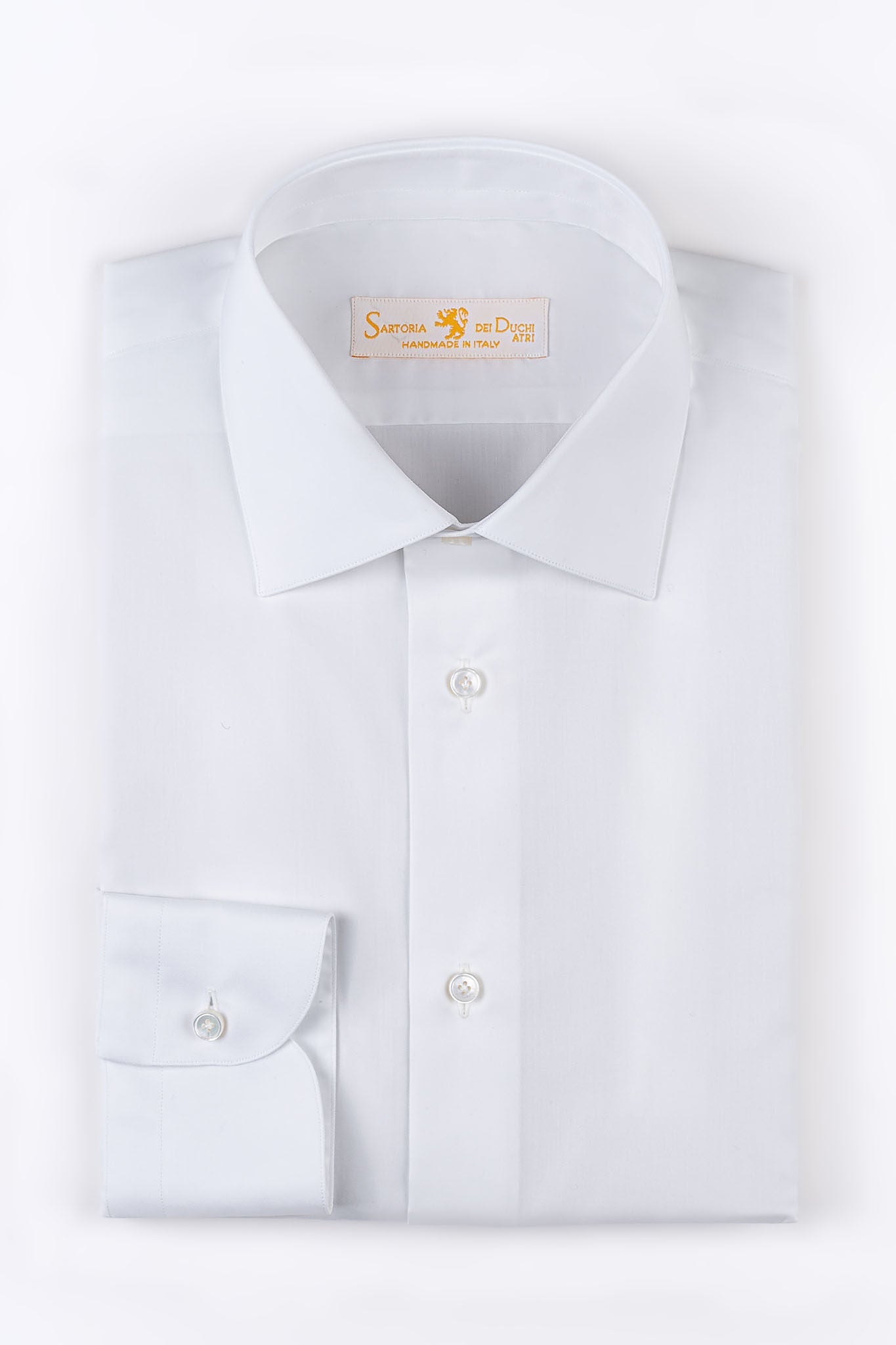 Made with a 140/2 cotton twill by Thomas Mason &quot;Hampton&quot;,  in white color. This long sleeve shirt is made with  a semi French collar and a rounded wrist. The stitching  is 5 mm and the buttons, applied by hand, are in mother  of pearl Australia.  The fit is regular-Sartoria Dei Duchi-Atri
