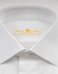 Made with a 140/2 cotton twill by Thomas Mason "Hampton",  in white color. This long sleeve shirt is made with  a semi French collar and a rounded wrist. The stitching  is 5 mm and the buttons, applied by hand, are in mother  of pearl Australia.  The fit is regular-Sartoria Dei Duchi-Atri