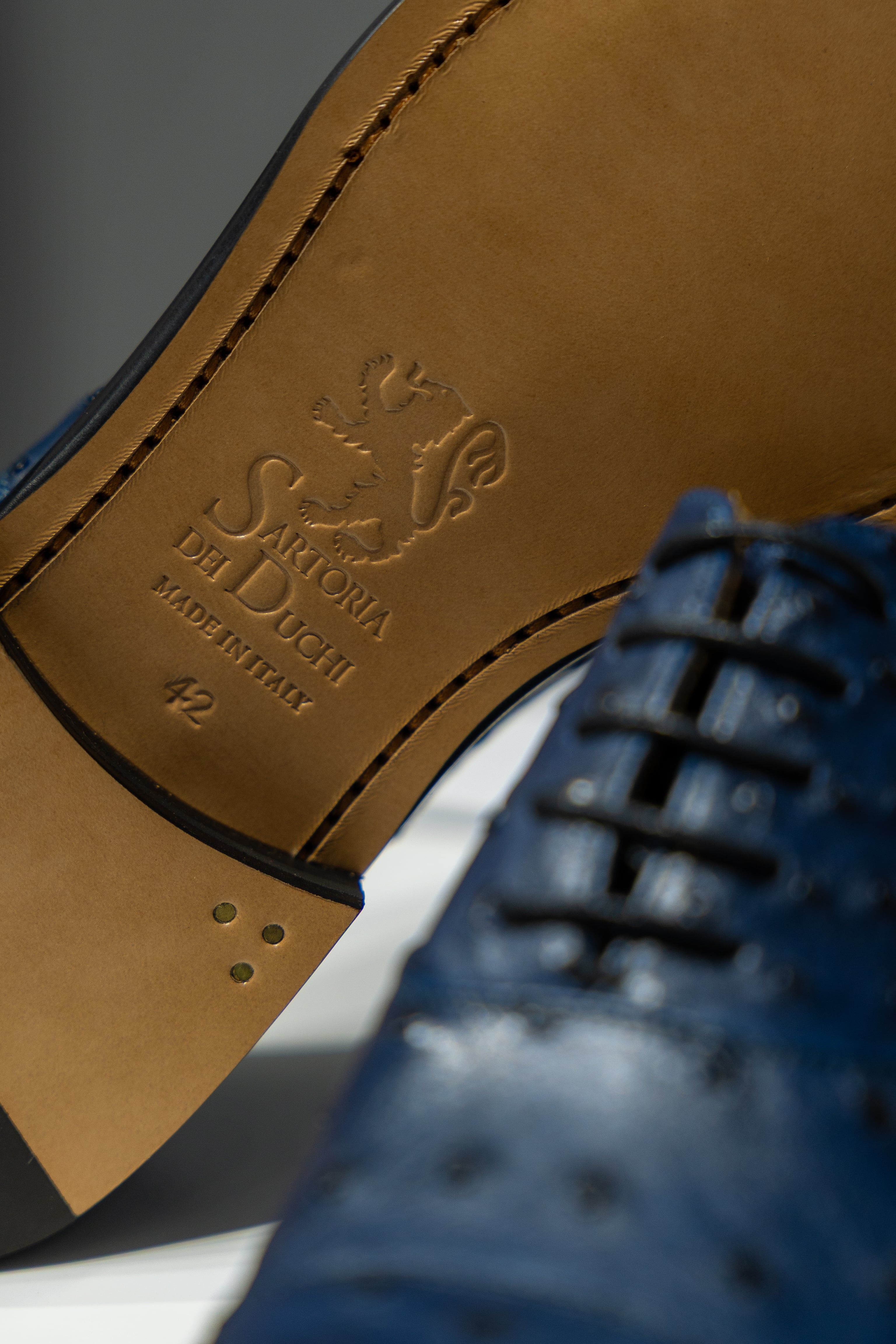 Antonio - Blue Ostrich Oxford Shoe. Upper: Exquisite blue ostrich leather. Lining: Natural calf leather. Sole: Smooth hand-finished leather sole by Presot. Matching belt also available.- Sartoria Dei Duchi - Atri