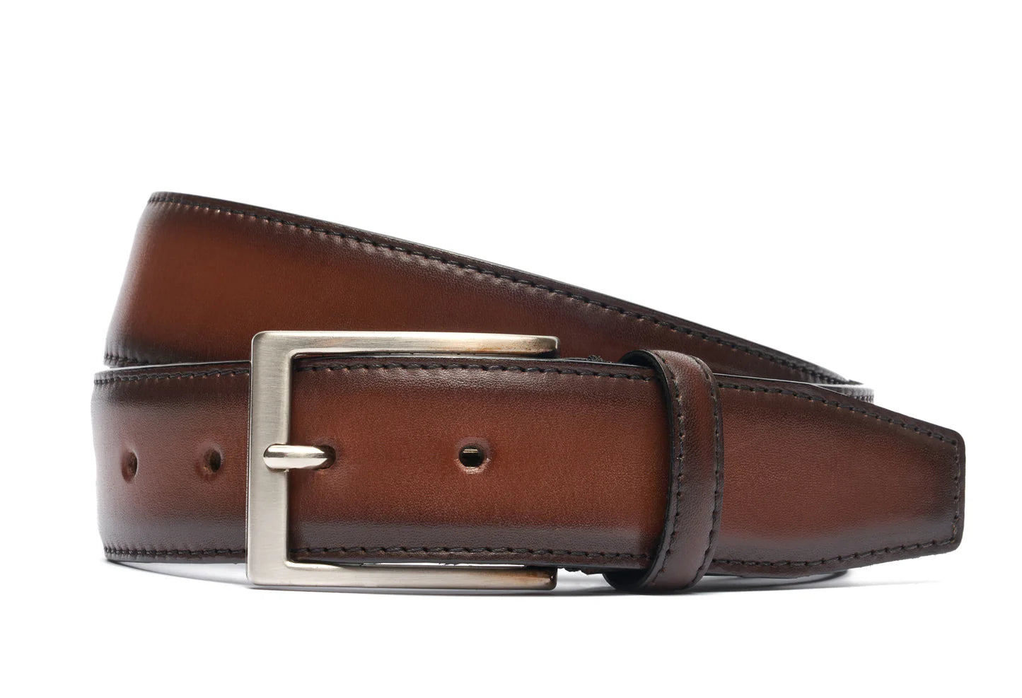 Handcrafted Antiqued Belt - Earth. Tumbled and dyed calf leather. A 120cm waist measurement corresponds to a size 60 pant. Total belt length (including buckle) is 135cm. 3.5cm metal buckle with a brushed finish. The belt is adjustable with a screw on the back and is very easy to cut.- Sartoria Dei Duchi - Atri