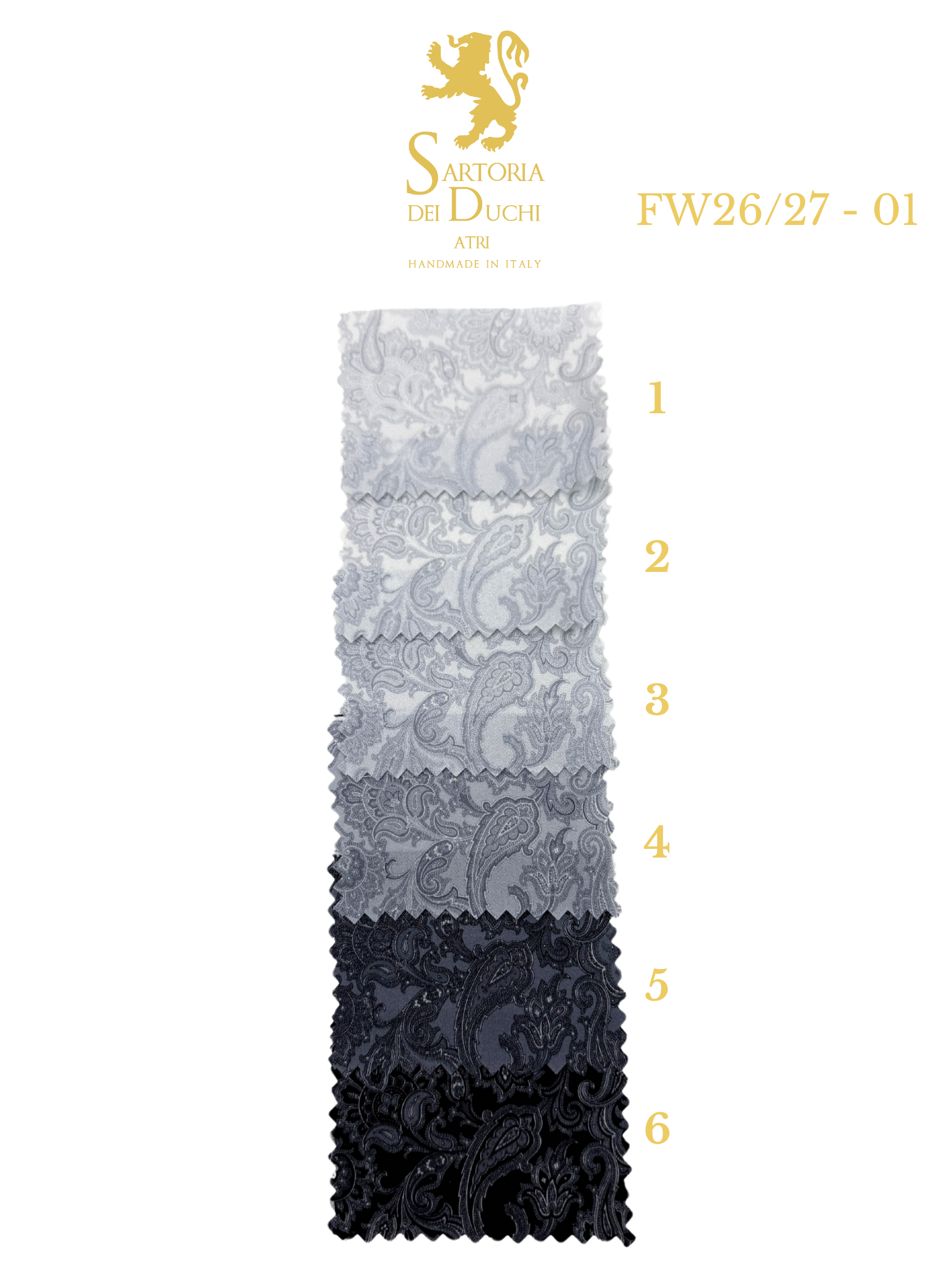Fabric swatch with gray and black lace patterns on a white background, featuring Sartoria Dei Duchi - Atri logo.