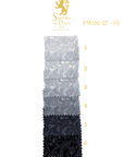Fabric swatch with gray and black lace patterns on a white background, featuring Sartoria Dei Duchi - Atri logo.