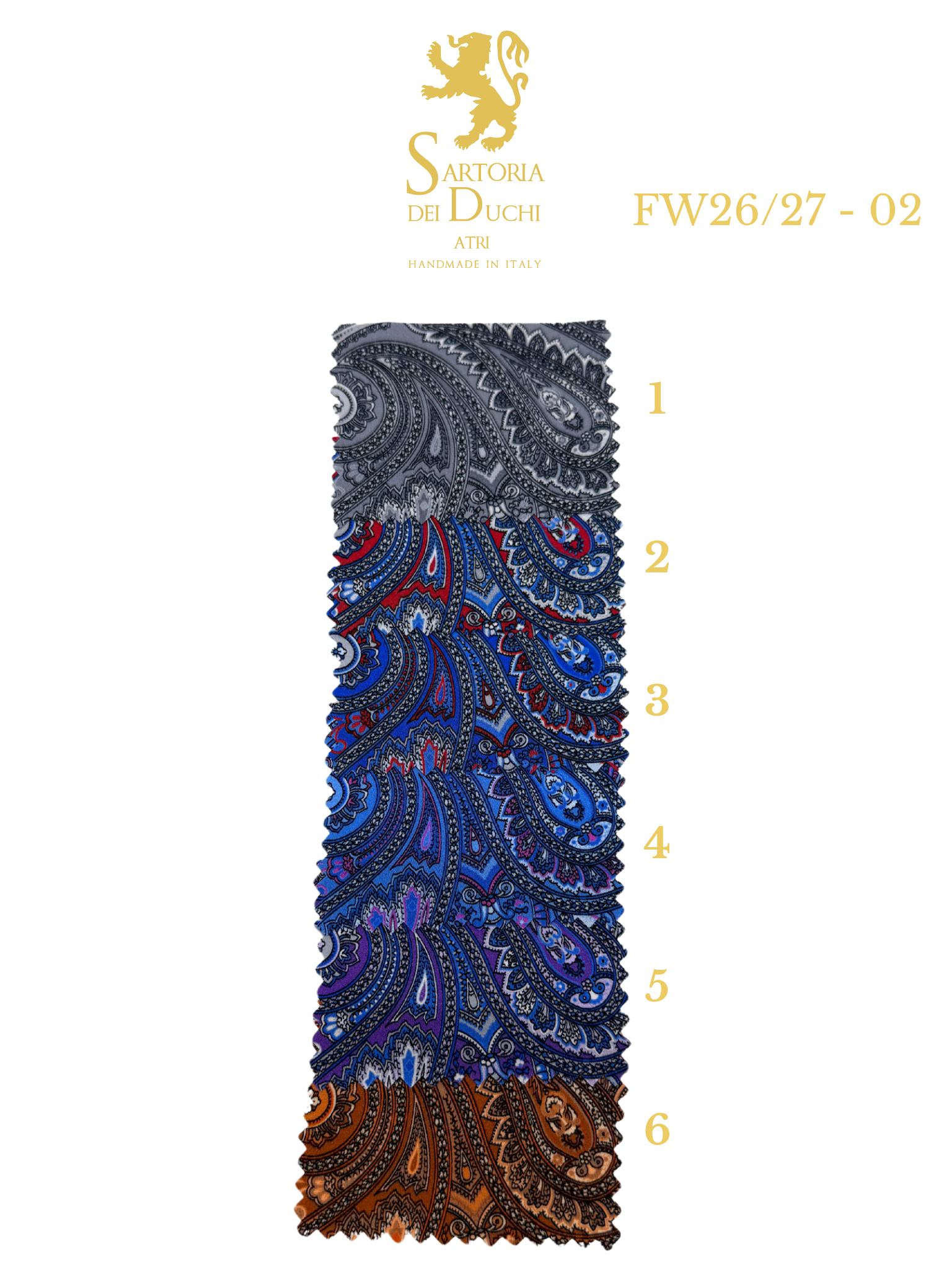 Paisley patterned fabric swatch with measurement scale on a white background, featuring the Sartoria Dei Duchi - Atri brand.