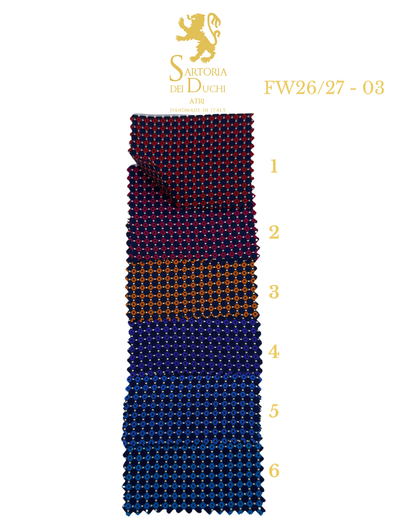 Multicolored patterned tie withSartoria Dei Duchi - Atri logo and text on a white background