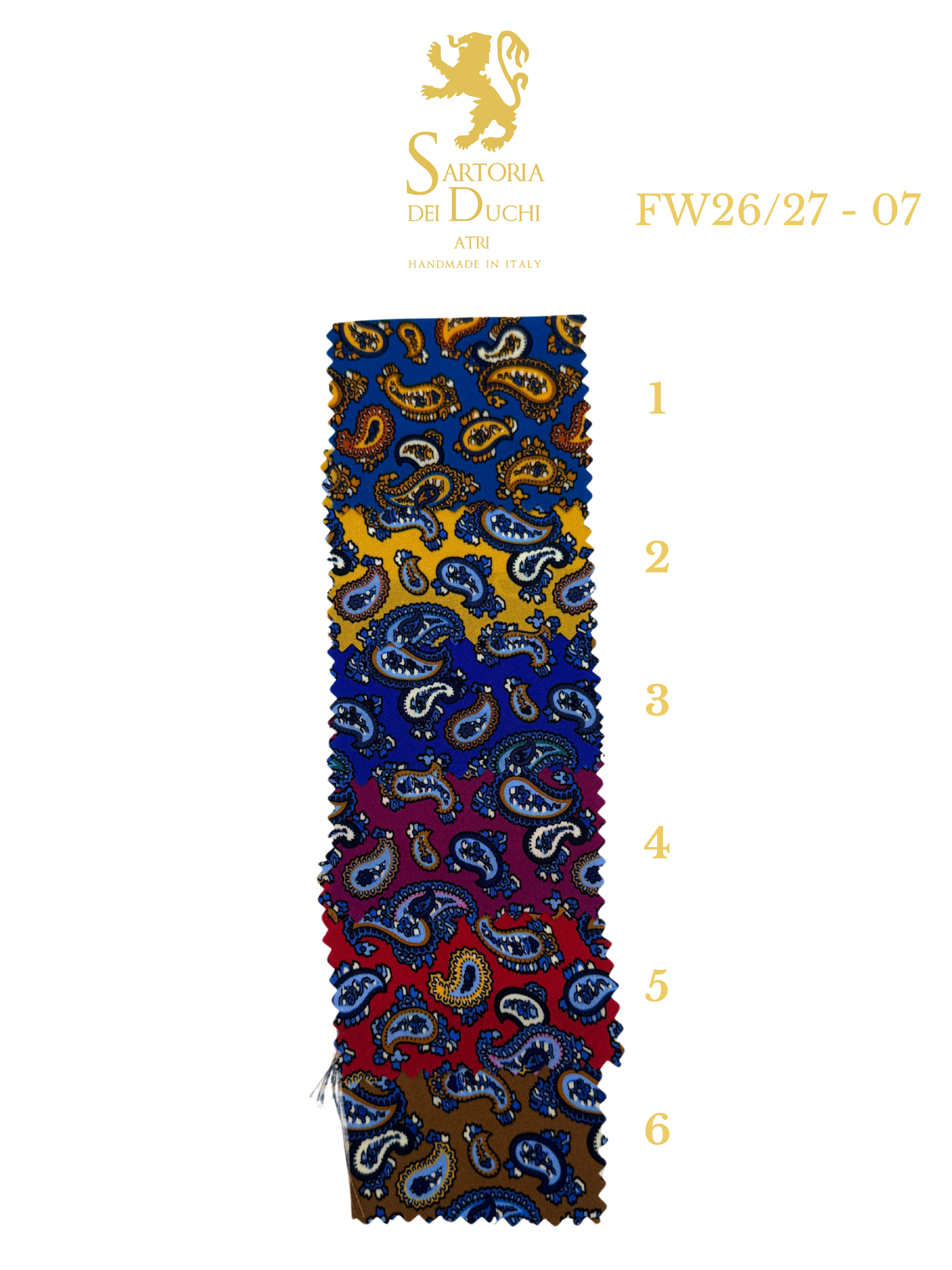 Colorful paisley-patterned fabric with a Sartoria Dei Duchi - Atri logo and product code on a white background
