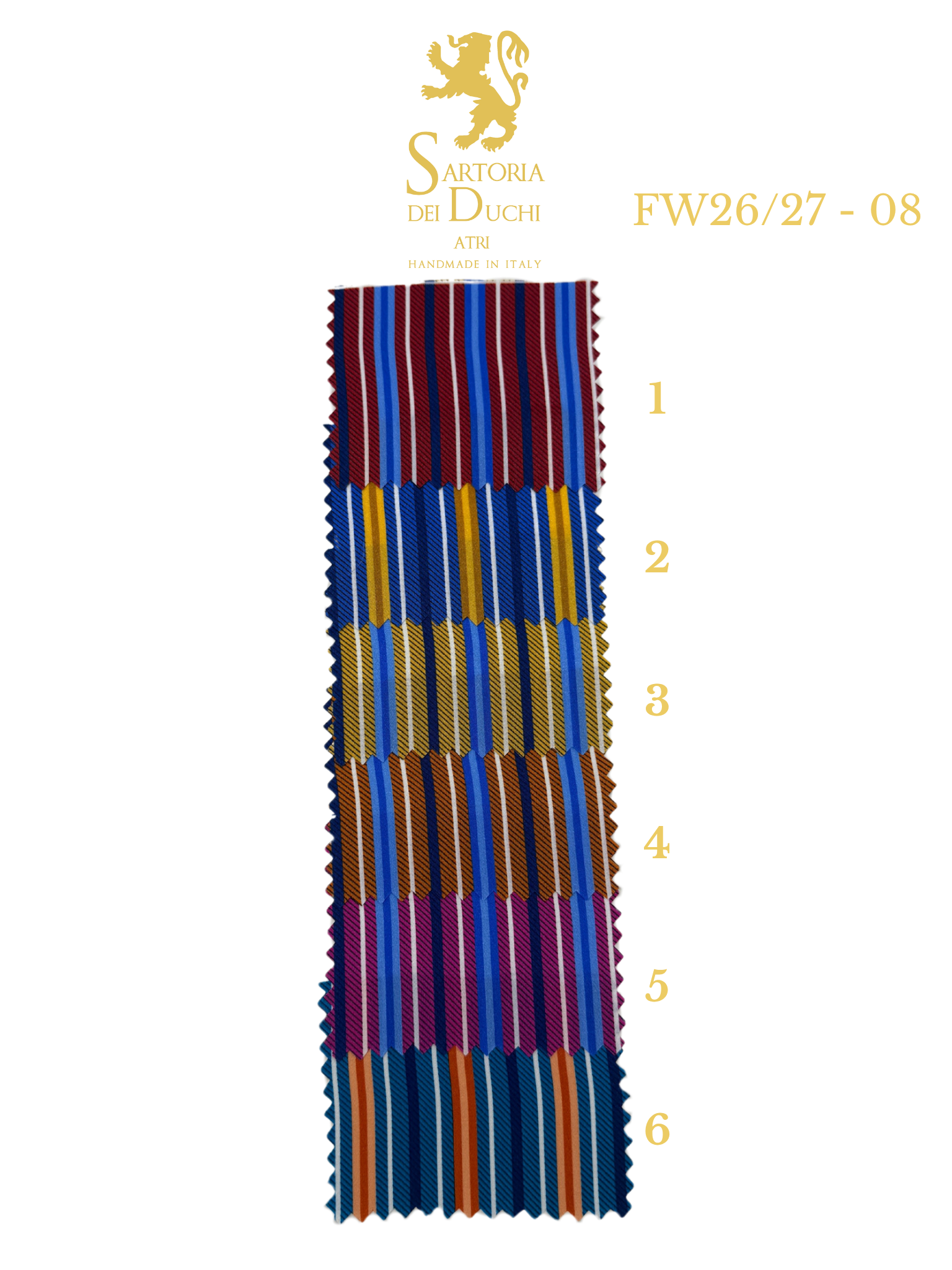 Color swatch book with striped fabric samples on a white background, featuring the Sartoria Dei Duchi - Atri brand.