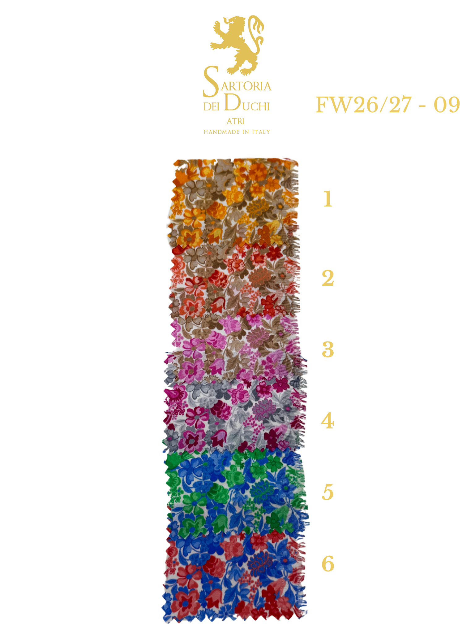 Color swatch with floral patterns and Sartoria Dei Duchi - Atri logo on a white background