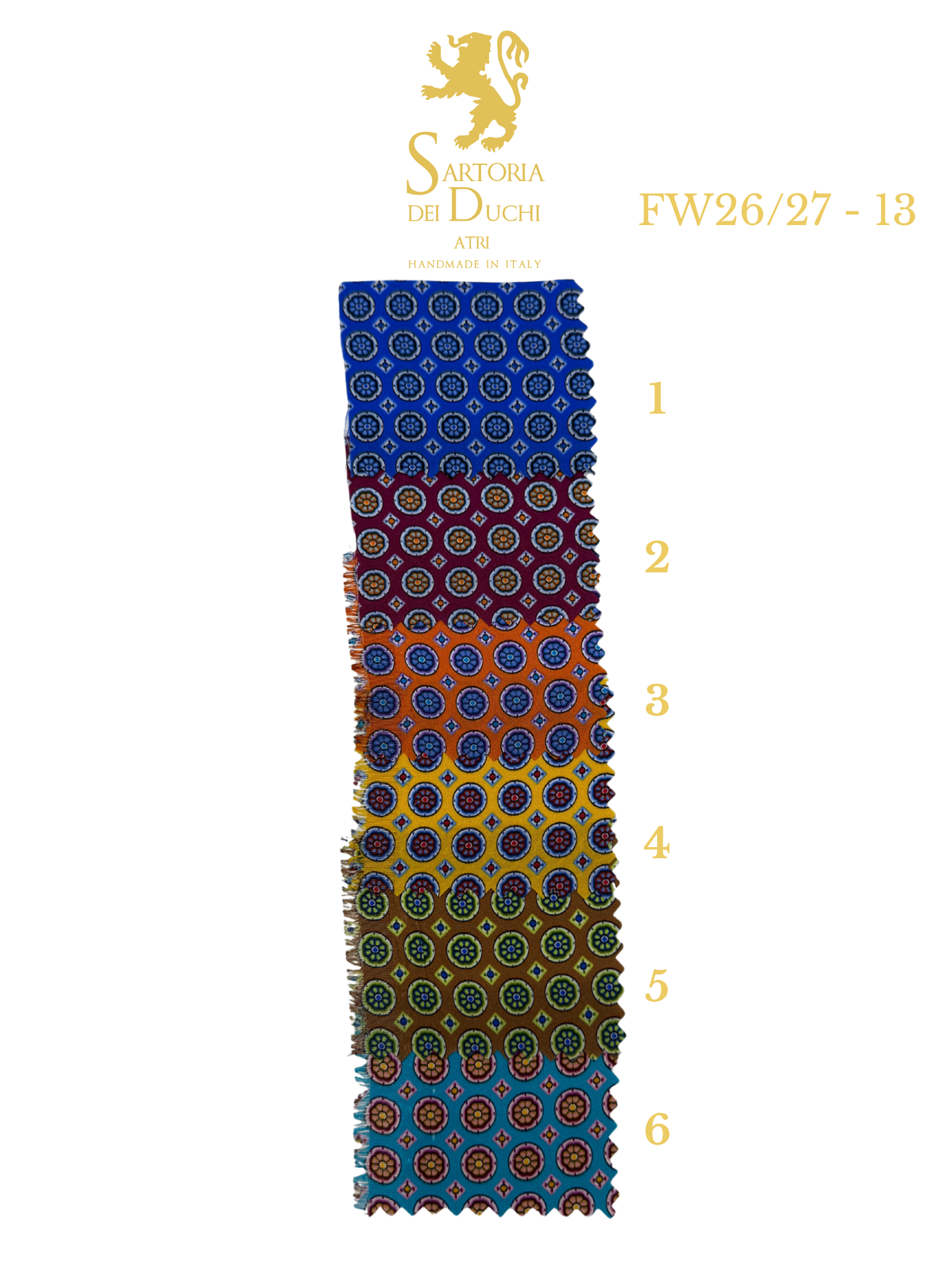 Patterned tie with Sartoria Dei Duchi - Atri logo and text on a white background