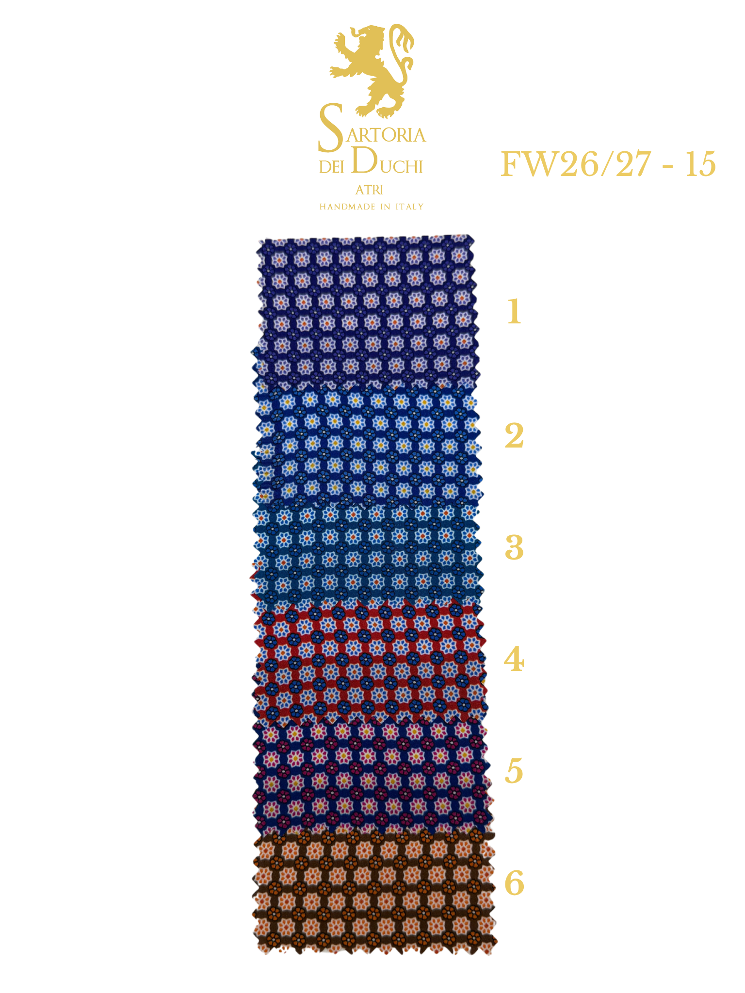 Patterned tie with a gradient of blue, red, and brown on a white background, featuring the Sartoria Dei Duchi - Atri
brand.